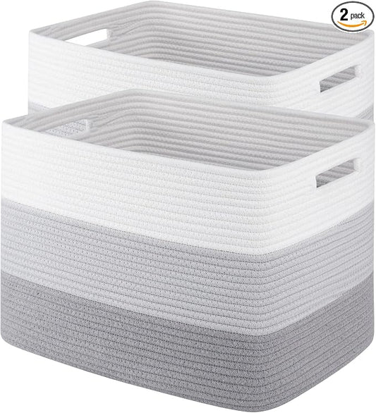 2 Pack Woven Storage Baskets for Closet, Toy Basket with Handles | Large Baskets for Organizing Shelves, Closet Storage for Blanket Living Room, Bedroom, Nursery, 15.8" x 11.8" x 11.8"