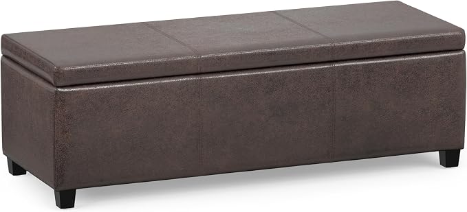 SIMPLIHOME Avalon Storage Ottoman Bench - 48" Wide x 16" High Upholstered Vegan Leather Rectangular Lift-Top Ottoman in Distressed Brown, Contemporary Bench for Living Room with High-Density Foam
