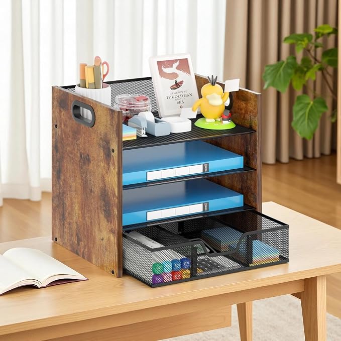 Desk Organizer - 4 Tier Desktop File Organizer with Drawer, Wooden Paper Tray Organizer, Office Desk Accessories Organizer for Papers, Mail, Notebooks, Stationery
