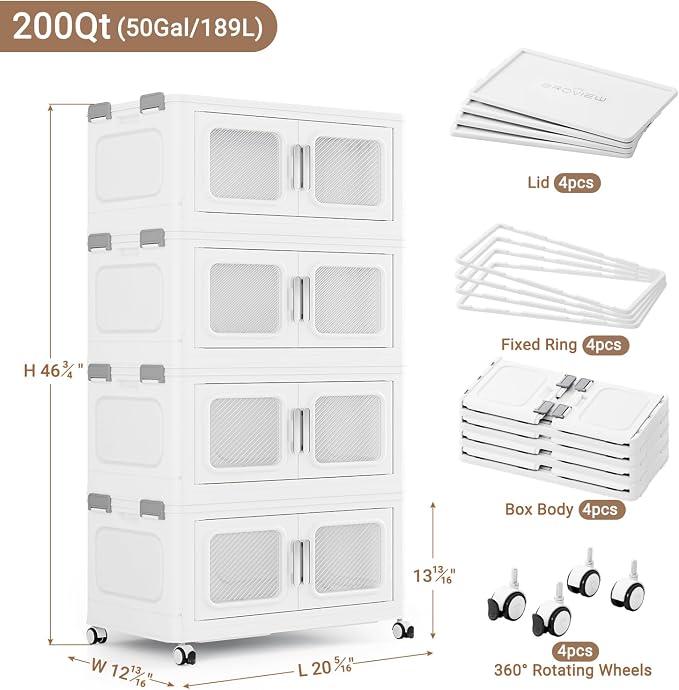 BROVIEW 200 Qt/50 Gal Stackable Storage Bins with Lids, 4 Pack, White | Small Stackable Storage Boxes w/ 4 Lid Folding Plastic Cart Organizer for Home Kitchen, Open Front Clear Door with Wheels