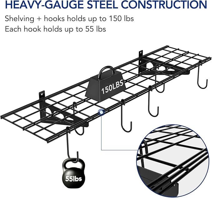 FLEXIMOUNTS 1-Pack 1x4 ft Garage Wall Shelving, Include 6 Bike Hooks, Black | Wall Shelf Garage Organization System w/Bike Hangers, Storage Rack, Floating Shelves, 150 lbs Weight Capacity, Classic Series