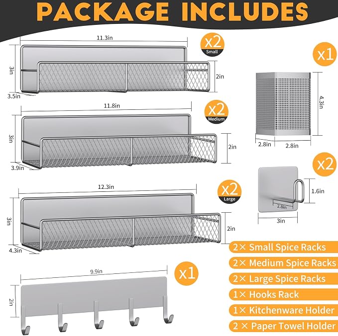 Magnetic Spice Rack for Refrigerator, 10 Pack 100% Metal Strong Magnet Shelf, Moveable Spice Organizer W/ Adjustable Paper Towel Holder, Hook Rack & Utensil Caddy, Home Kitchen Laundry Storage, Grey