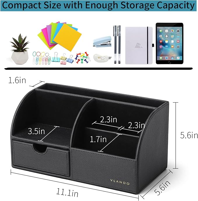VLANDO Desk Organizer with Drawer, Leather Office Storage Caddy, Black | Leather desktop caddy with compartments and a pull-out drawer organizes pens, notes, remotes and everyday office supplies