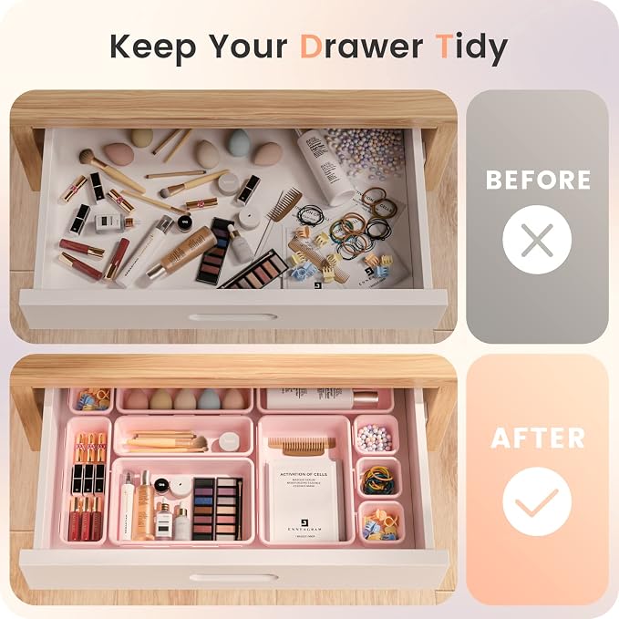 【Military Grade】A-LuGei Drawer Organizer,【𝟱𝗦𝗶𝘇𝗲】Makeup organizer,【Holds 177 Items】Bathroom Organizers and Storage,Organization and Storage,Desk Drawer Organizer for Vanity【Pink】