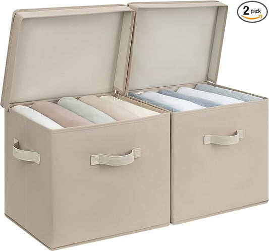 StorageWorks Storage Bins with Lid, Decorative Fabric Storage Bins with Handles, Stackable Closet Organizers for Shelves and Bedroom, Large, Light Brown, 2-Pack