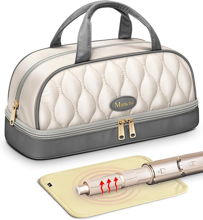 Mancro Carrying Case for Shark FlexStyle, Quilted Hair Tools Travel Bag | with Heat-Resistant Mat, Travel Case for Dyson Airwrap & Shark FlexFusion, Hair Dryer Organizer for Women, Ivory Gray
