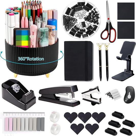 Office Supplies,Desk Accessories,Desk Organizer,Stapler,Tape Dispenser,Folding Phone Holder,Scissors,Notebook,Staple Remover,Staples,Clear Tape,Sticky Notes,Paper Clips,Bookmark,Pen,Pen pals Ect.27pcs