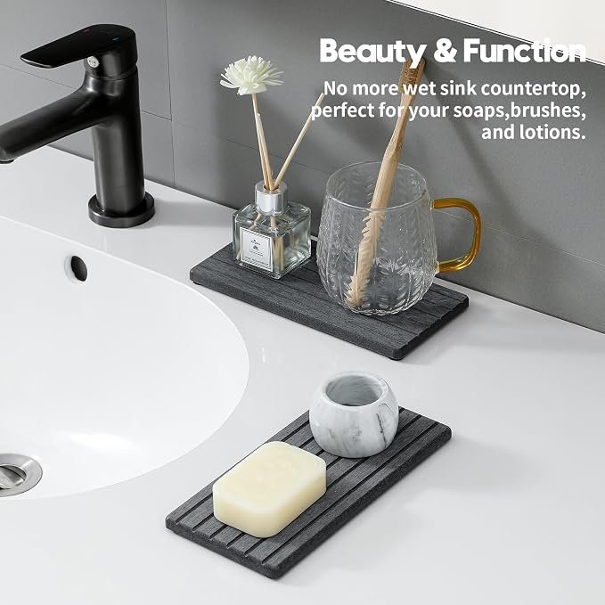 2PCS Diatomite Water Absorbing Stone Drying Tray Mat for Bathroom & Kitchen Counter, Instant Dry Drink Bar Coaster, Vanity Sink Caddy Organizer, Dish Soap Sponge Holder, Dark Gray, 8"x3.8"