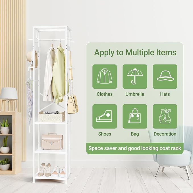 ELYKEN Coat Rack Freestanding, Hall Tree with 3 Shelves and 12 Hooks, White | Industrial Metal Frame, Space-Saving Design, Clothes Rack Stand Organizer for Bedroom, Hallway, Entryway, Office, Living Room