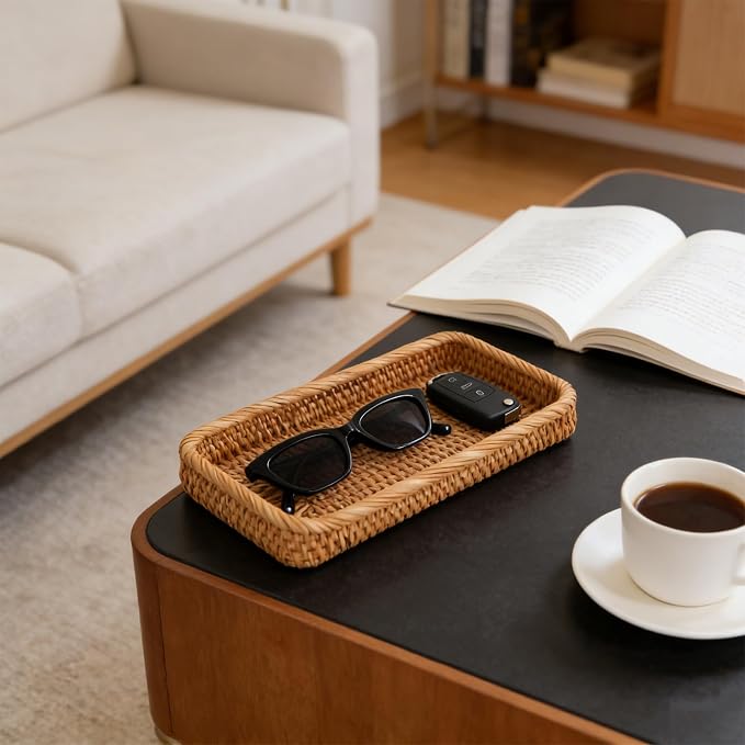Small Rattan Serving Tray, Natural Wicker Decorative Tray (10" × 5.1") | Handwoven Tray for Trinket Ring Cosmetic, Rectangle Keys Basket Jewelry Perfume Trays for Coffee Table Entryway Living Room
