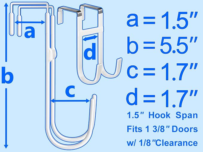 Double Over Door Steel Hooks 2 Pack Fit 1-3/8" Door 5.5" White | Plastic Coated Rubber Feel Towel Rack Robe Coat Shoe Wreath Hanger No Damage No Scratch for Bathroom Heavy Duty Thin Top