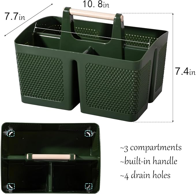 Plastic Shower Caddy, Portable Shower Basket with Handle, Dark Green | Cleaning Caddy Organizer for Bathroom, College Dorm Room Essentials, Storage Tote
