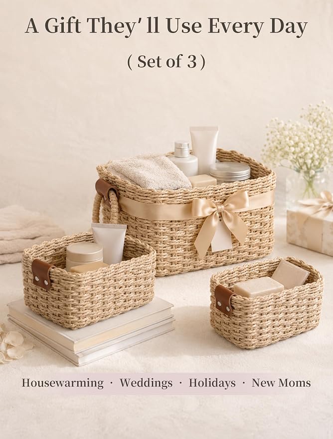 Small Wicker Baskets, 3 PCS Paper Rope Baskets for Shelves, Brown | Recycled Small Baskets, 3 Sizes Woven Baskets for Organizing, Decorative Storage Baskets for Bedroom and Bathroom