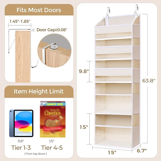 5 Tiers Over the Door Organizer with 10 Mesh Side Pockets, 44 lbs Weight Capacity Closet Hanging Storage Organizer with Large Clear Window Kids Toys, Shoes, Diapers, Beige