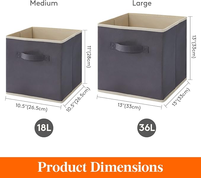 Lifewit Storage Cubes, Foldable Decorative Fabric Storage Baskets for Organizing Home Organizers with Handles for Shelves, Closet, 13 Inch Bins, 36L Gray, 6 Packs