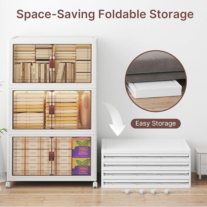 UAMFURI Stackable Storage Bins with Lids, 720QT Lockable Storage Cabinet | Closet Organizers, Foldable Storage Box with Doors and Wheels, Plastic Drawers for Home, Garage, Office (6, White, Large)