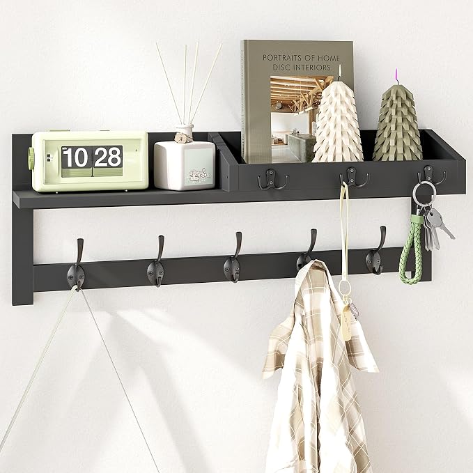 AMBIRD Wall Hooks with Shelf, 26.57 Inch Entryway Wood Coat Hooks for Wall, Coat Rack Wall Mount Rack with 5 Dual Hooks 3 Key Hooks Mail Organizer and Key Rack Key Holder (Black)