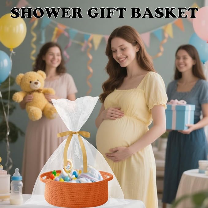 Woven Rope Basket - Baby Gift Basket with Bag & Ribbon, Orange | Cotton rope with handle, 12 x 8 x 5 in, gift bag and ribbon, for baby shower, birthday, toy storage, nursery, shelf decor