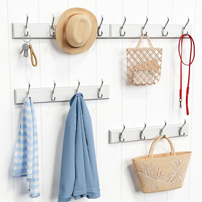 Forbena White Coat Rack Wall Mount 4-Pack, Coat Hanger Wall Mounted for Hanging Clothes Purse, Modern Key Holder Hooks for Closet Hat, Belt, Bag, Backpack, Leash (White and Silver - 16 Hooks)