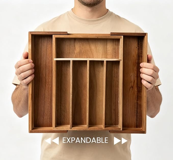 Fibogollo Expandable Acacia Wood Silverware Organizer，5-7 Slots | Adjustable Drawer Organizer,Flatware and Utensils Organizer Tray,Utensil Holder（10.2-16.1 x 13.8 x 2 inch）
