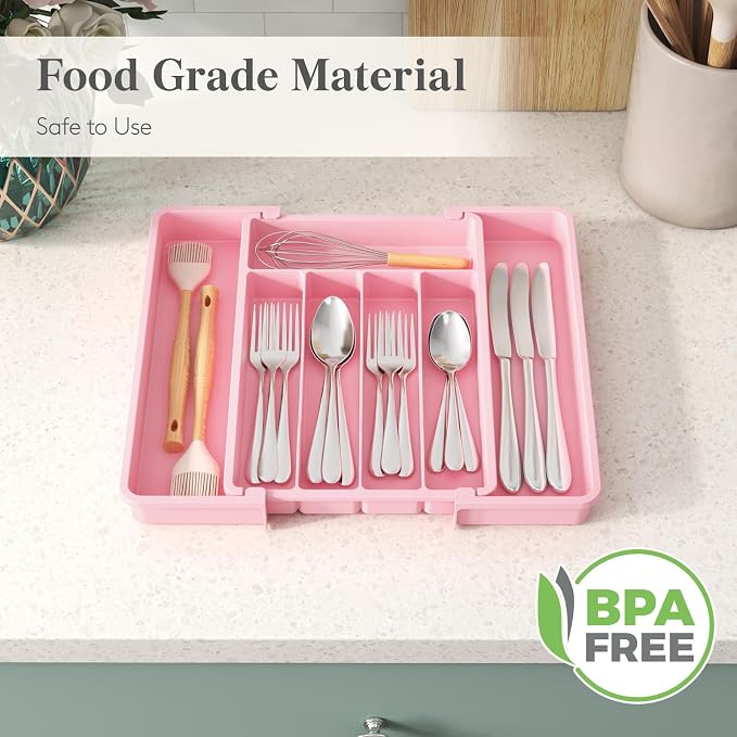Lifewit Silverware Drawer Organizer, Expandable Utensil Tray for Kitchen, BPA Free Flatware and Cutlery Holder, Adjustable Plastic Storage for Spoons Forks Knives, 8.5"-14.1" x 12.1", Pink