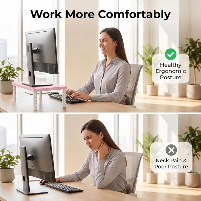 Adjustable Computer Monitor Stand Riser for Desk, Desk Organizer & Office Decor for Women, Laptop Stand, Office Desk Accessories & Workspace Organizers for Home Office, Pink Wood