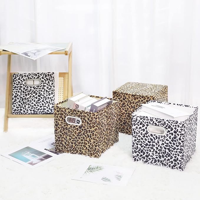 ANMINY Leopard Cheetah Print Storage Cubes Bins, Velvet, Gray, 13Inch 2PCS | Collapsible & Washable, PP Board Frame, Built-in Metal Handles, Animal Themed Fabric Cubes Baskets for Closet Shelves Decor