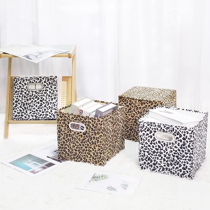 ANMINY Leopard Cheetah Print Storage Cubes Bins, Velvet, Brown, 11Inch 4PCS | Collapsible & Washable, PP Board Frame, Built-in Metal Handles, Animal Themed Fabric Cubes Baskets for Closet Shelves Decor