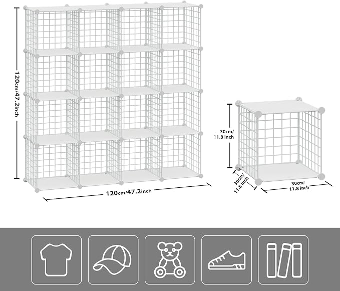 HUBSON Wire Cube Storage Organizer, Book/Toy/Craft/Potted Plants and Pet Closet Organizers, 16-Cube Freely Combinable Metal Grid Storage Shelves, White Plus Iron