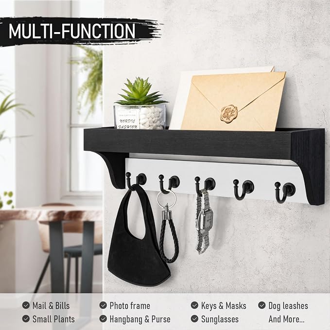 Rebee Vision Key Holder Wall Mount with Shelf for Entryway, Black & White | 5 Hooks, Modern Farmhouse Key Holder for Wall, Two-Tone Key Rack, Mail Organizer, Decorative Home Decor