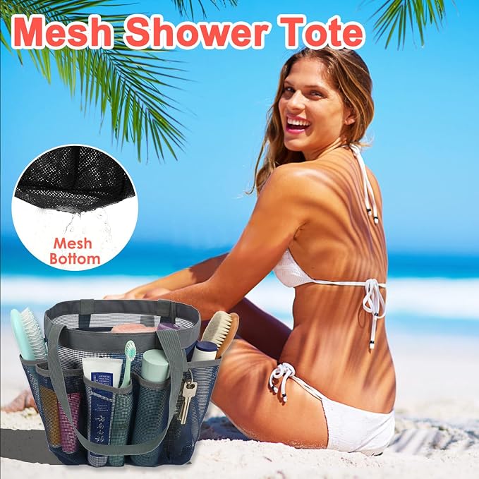 Fammart Mesh Shower Caddy Portable for College Dorm Room Essentials, Odorless Polyester Large Shower Tote Bag with Dual Handles, 8-Pocket Quick-Dry Toiletry Organizer for Travel, Beach, Camping, Gym