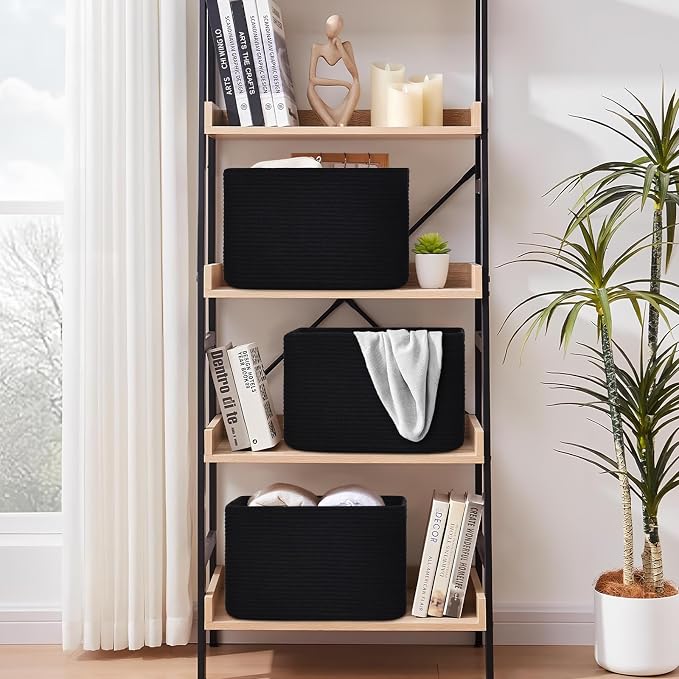 Baskets for Organizing,Storage Baskets,3 Pack Baskets for Shelfves,15"×10"×9" Woven Black Basket,toy storage bins,bins for organization