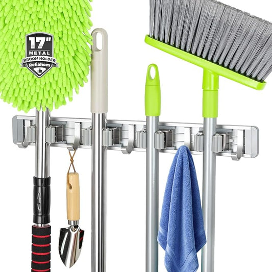 reliahom Broom Holder Wall Mount Mop Hanger Tools organizer 4Racks 5Hooks | Adjustable Stick or Screw Mop Broom Wall Hanging Tool Storage Rack Space-saving for Garage,Kitchen,Laundry Room,Garden,Silver