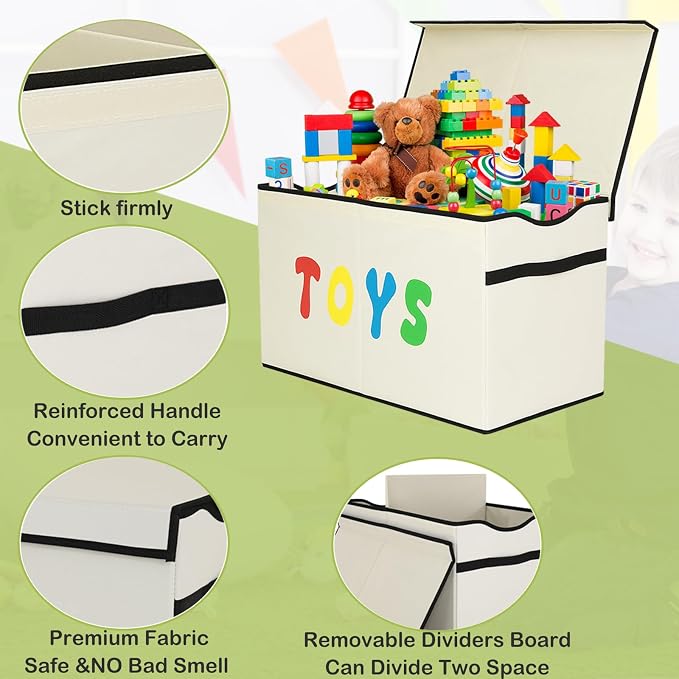 YOLOXO Toy Box Chest, Collapsible Sturdy Storage Bins with Lids, Extra Large Kids Toy Storage Organizer Boxes Bins Baskets for Kids, Boys, Girls, Nursery Room, Playroom, Closet (New Beige)