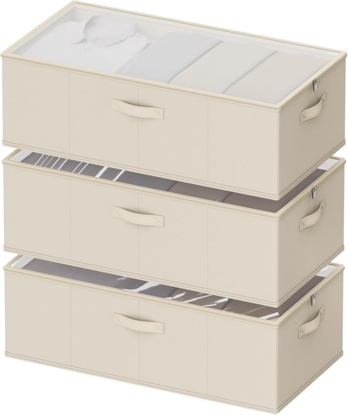 10inch 3 Pack Under Bed Storage Containers, 10 Inch Tall Underbed Clothes Storage Organizer Bin with Clear Window，Foldable Box Basket for Clothes, Closet, Bed Sheets and Blankets Beige