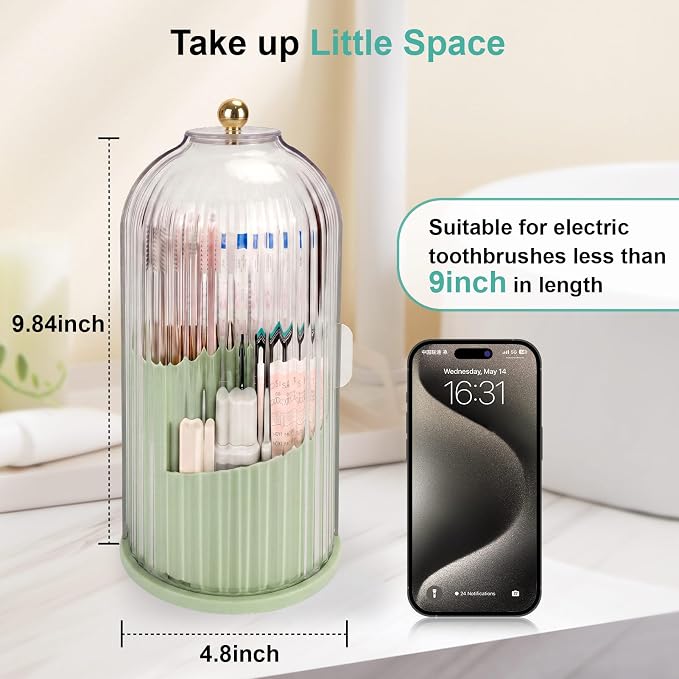 QIYVLOS Toothbrush Holders with Sliding Lid, Rotating 3 Slots Bathroom Organizer Countertop, Tooth Brush Toothpaste Holder Bathroom Counter Stand Sink Organizer Caddy for Makeup Brushes Holder (Green)