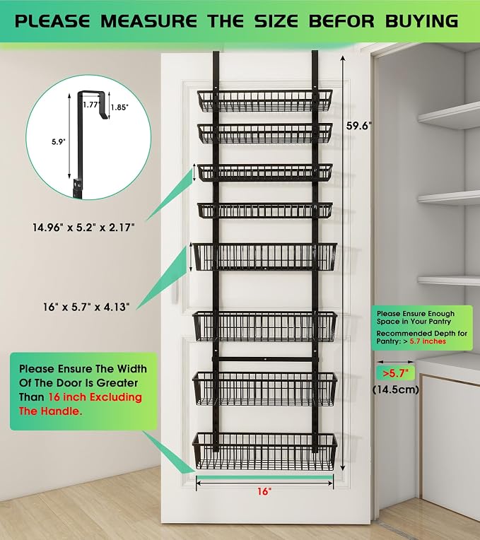 Mefirt 8-Tier Black Over The Door Pantry Organizer, Hanging Shelves | Pantry Hanging Organizers and Storage, Adjustable Heavy-Duty Metal for Home & Kitchen, Back of Door Seasoning Rack