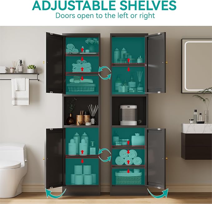 67" Tall Narrow Storage Cabinet with Doors and Open Shelf,Metal Pantry Cabinet,Shaker Style Slim Cabinet with Adjustable Shelves,for Bathroom Kitchen Laundry Small Spaces, Black, 1Pc