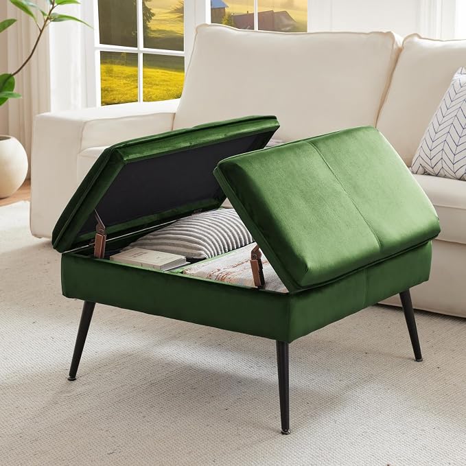 Square Ottoman with Storage Coffee Table Large Upholstered Green | Mid-Century Modern Ottoman w/ Double Flip-Lid Metal Legs Padded Seat for Living Room Bedroom, Velvet, Loads 660 lbs