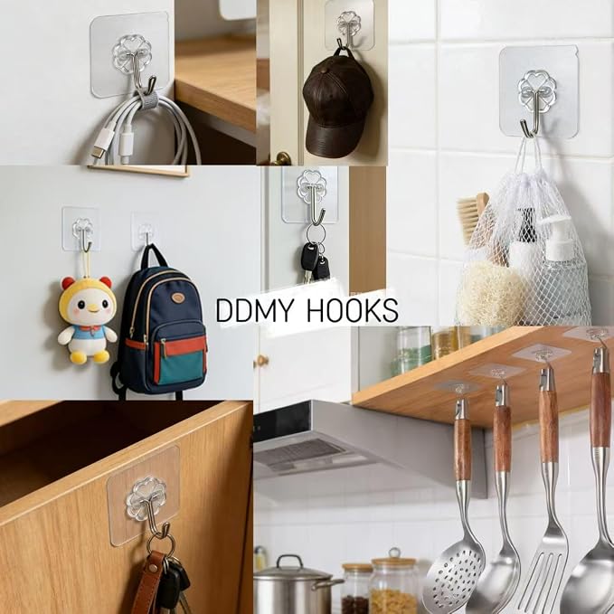 DDMY 100 Pack Heavy Duty Self Adhesive Hooks 50 lbs Transparent Reusable Sticky Wall Hooks for Hanging Waterproof Adhesive Hooks for Kitchen, Towel, Bathroom Shower, Office, and Outdoor No Damage