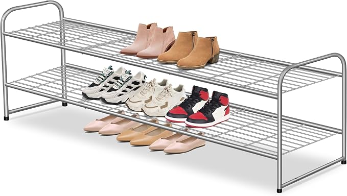 AOODA 2 Tier Long Metal Shoe Rack for Closet Wide Stackable Shoe Storage Organizer 18-Pairs Low Small Sneaker Rack for Entryway, Bedroom, Garage, Grey