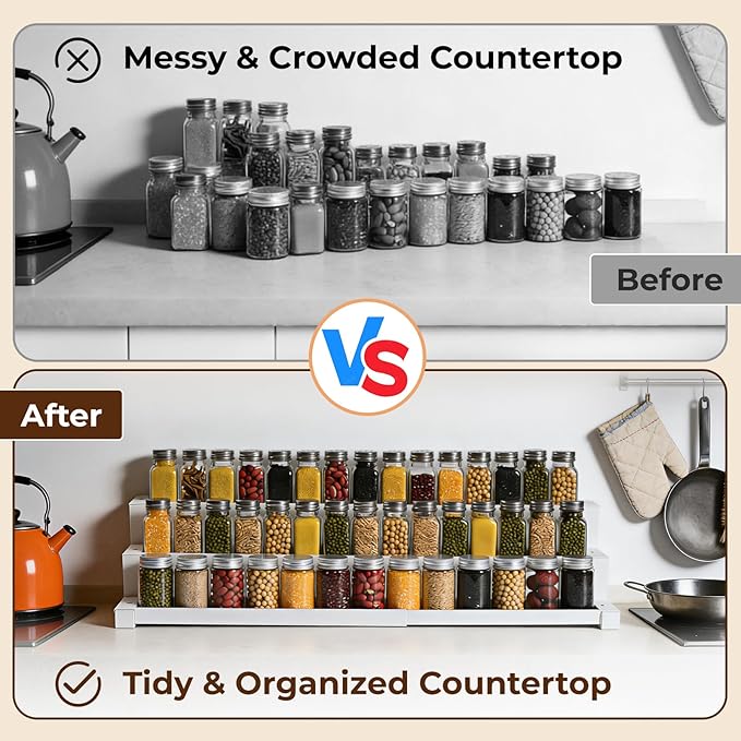 Expandable Spice Rack Organizer for Cabinet, 3 Tier Metal Spice Organization,16"-29.5" Wide Adjustable Seasoning Organizer, Display Shelf, Canned Goods Organizer for Pantry Kitchen Countertop, White