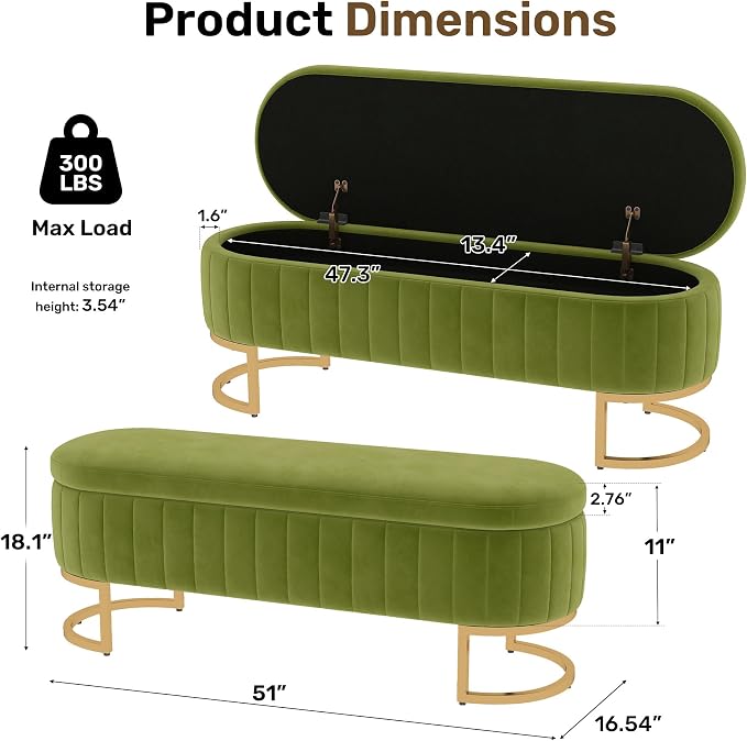 51 Inch Storage Ottoman Bench Velvet End of Bed Storage Bench King Size Upholstered Tufted Bench Large Space for Bedroom Living Room Entryway Light Green