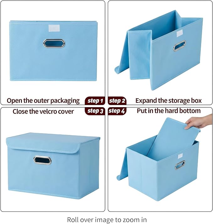 STOREONE Fabric Storage Cube Bins Foldable Organizer Container Collapsible Basket with Lids and Metal Handles, for Home, Bedroom, Closet 3 Pcs (multicolour-blue)