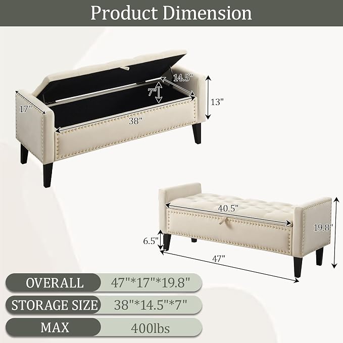 47in Velvet Storage Ottoman Bench with Arms, Upholstered Storage Bench with Wooden Legs, Storage Bench for Bedroom, Living Room, Beige