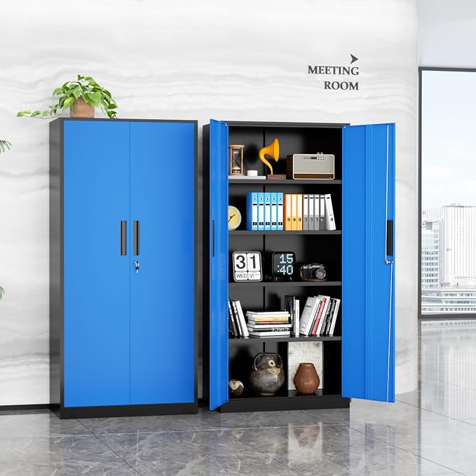 INTERGREAT Metal Storage Cabinet, 72" Locking Steel Cabinets with 2 Door and 4 Adjustable Shelves, Tall Metal Cabinet for Home Office, Garage, Warehouse, Black+Blue