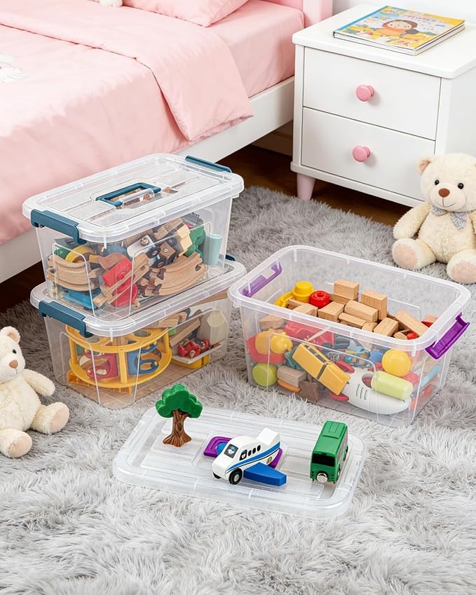 7Qt Clear Storage Bins with Lids,6-Pack Stackable Storage Containers With Buckle Latches.Perfect for LEGO, Crafts, Office Supplies, and Dorm Room Organization,Blue