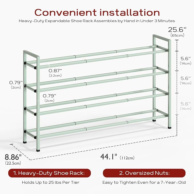 Bumusty 4 Tier Long Expandable Shoe Rack for Closet, Green | 18"-44" Adjustable Shoe Rack for Entryway, Shoe Organizer for Dorm, Front Door, Sturdy Metal