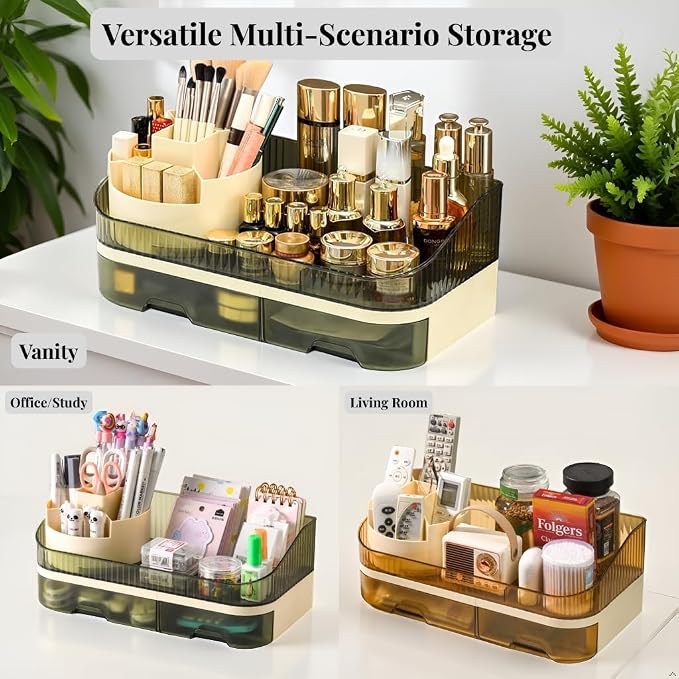 Makeup Organizer Countertop with Dual Drawers, Large Capacity Cosmetic Storage for Vanity Bathroom Skincare, 360° Rotating Makeup Brush Holder