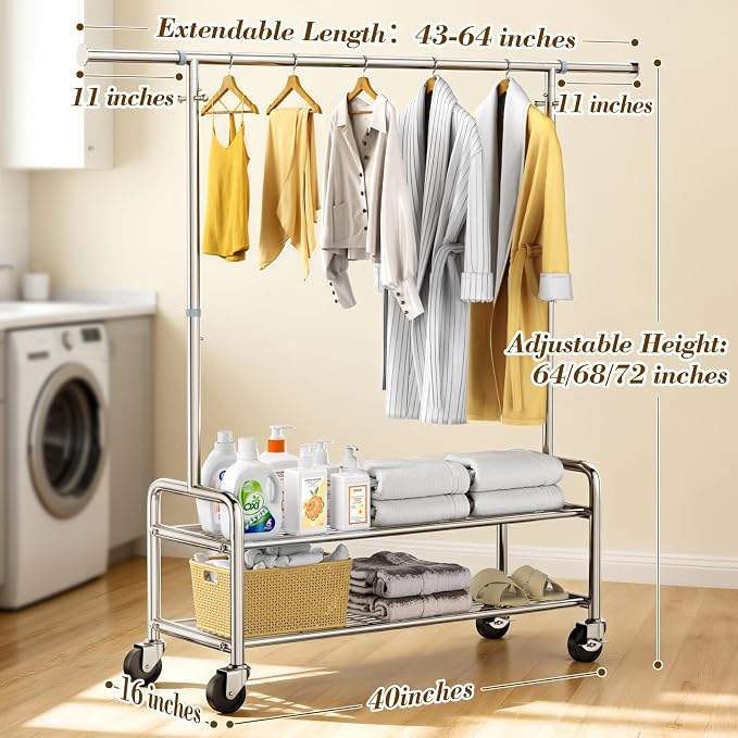 Upgraded 100% Stainless Steel Heavy Duty Clothes Rack with Shelves Loads 760 LBS, Commercial Clothing Rack with Larger & Sturdy Wheel, Adjustable Height & Rolling Garment Hanging Rack for Bedroom Dorm